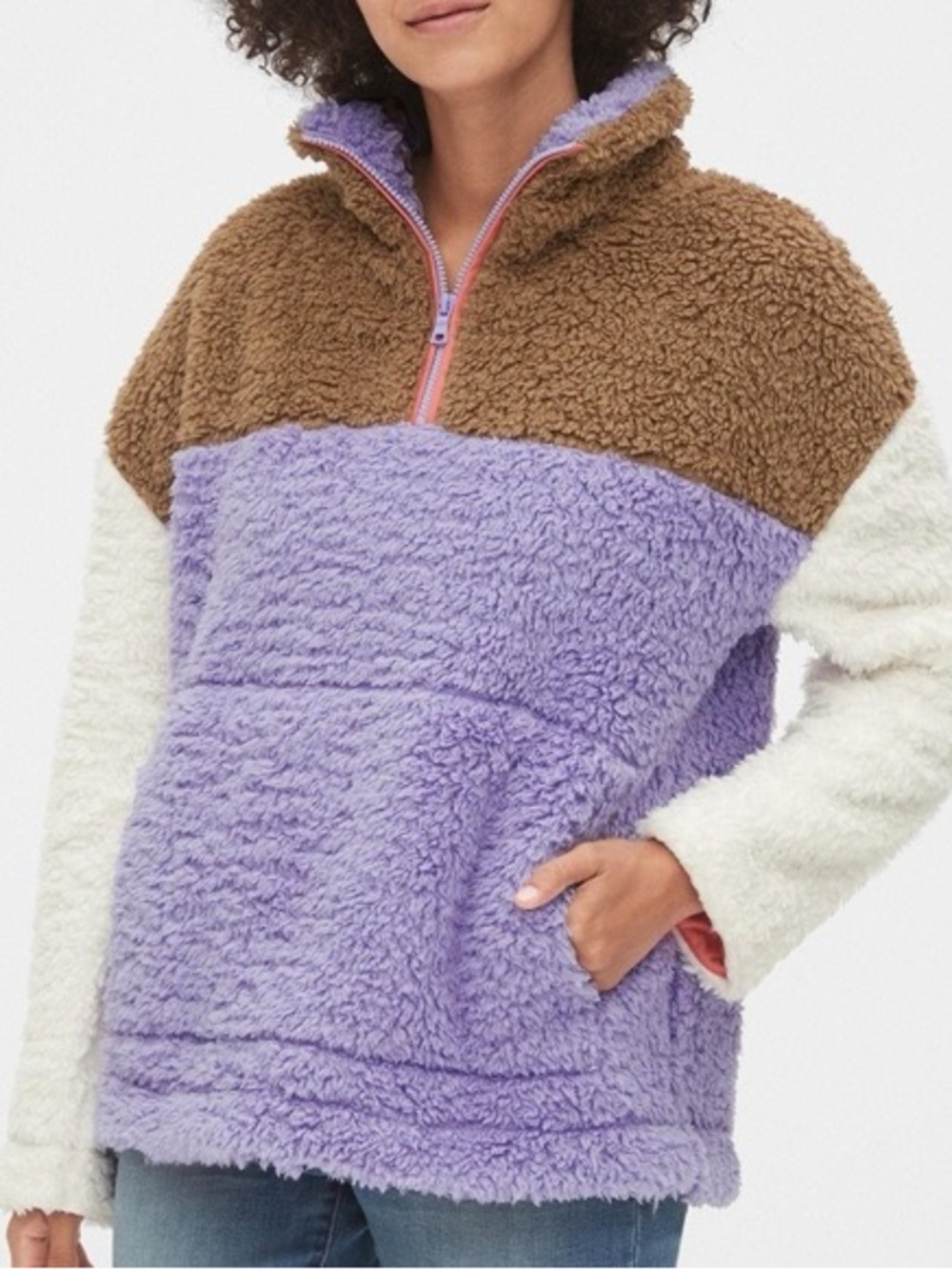 Cozy Fleeze Colorblock Sherpa Quarter-Zip Pullover - Lavender/Brown/Cream - Picture 3 of 6